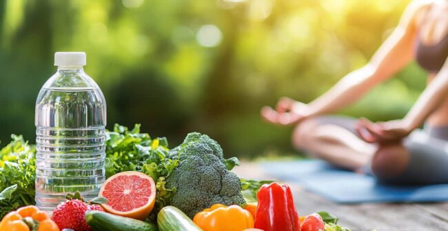 Healthy Lifestyle with Fresh Vegetables, Fruits, and Water Bottle connection between diet and stress