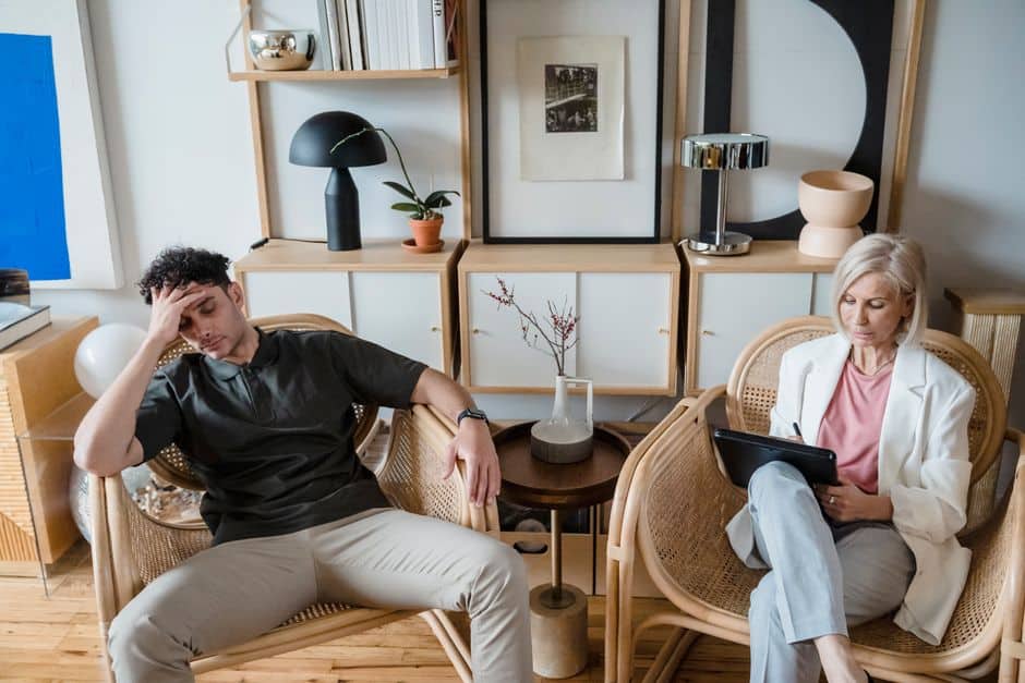 Therapist and client discussing stress counseling and insurance coverage