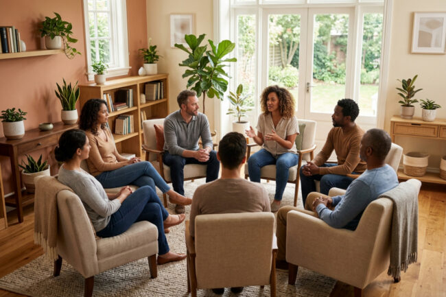 stress management group therapy session warm supportive room