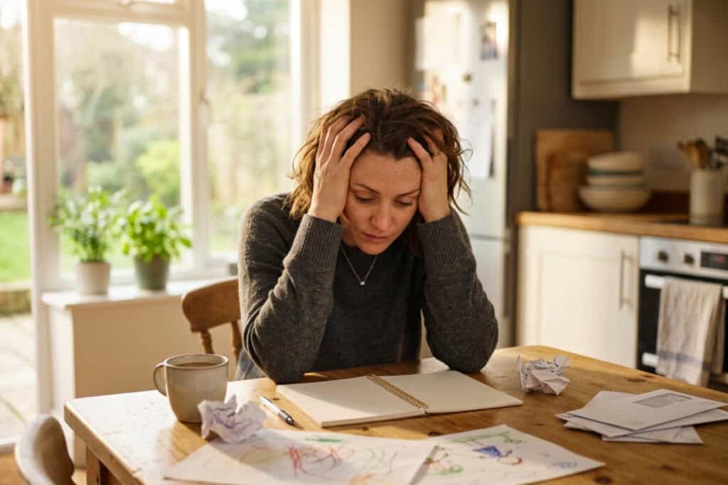 parent looking overwhelmed at kitchen table, warm natural light, soft home setting