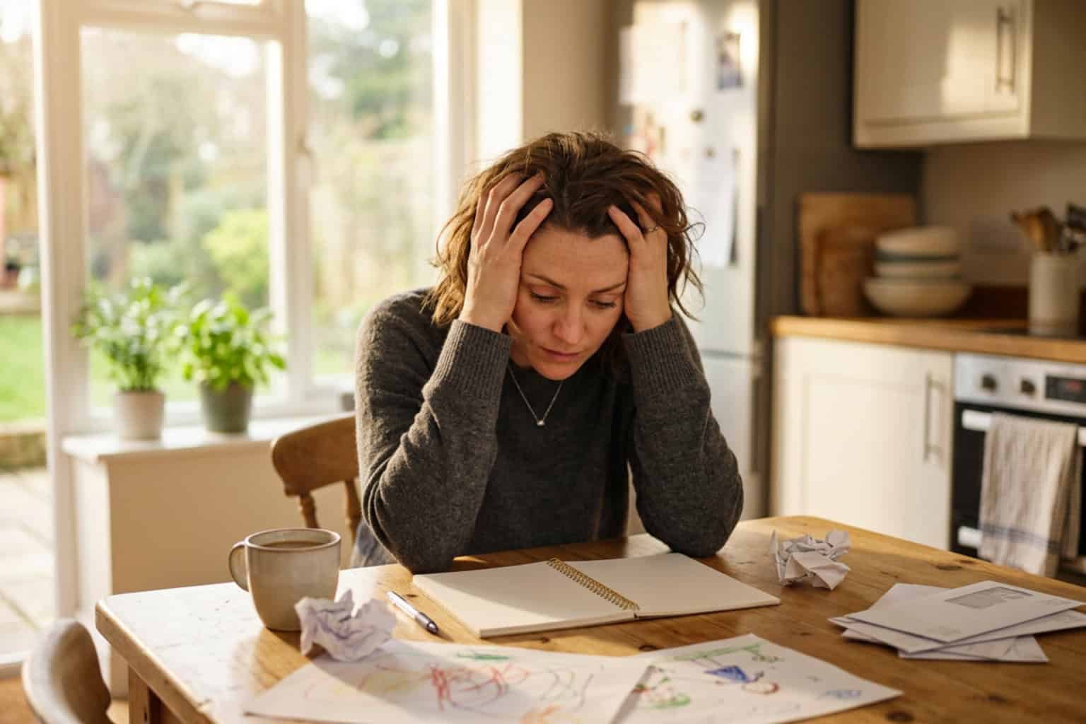parent looking overwhelmed at kitchen table, warm natural light, soft home setting