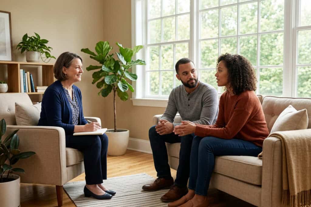 Couples practicing active listening techniques in a bright counseling office