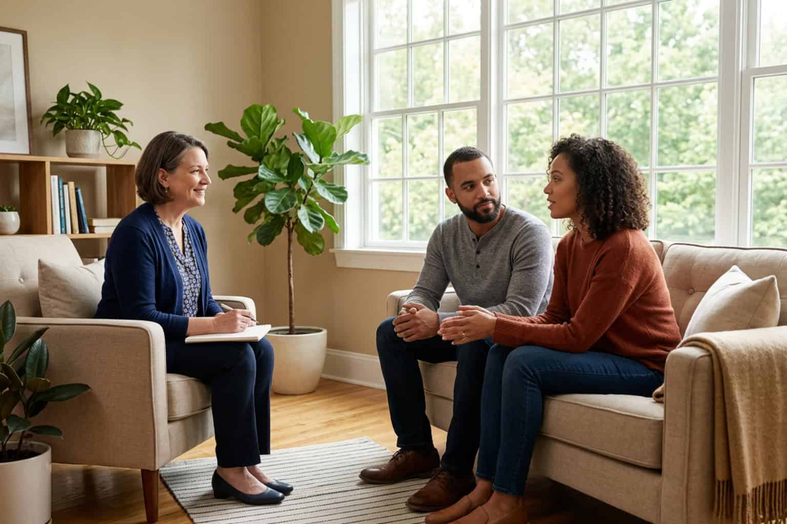 Couples practicing active listening techniques in a bright counseling office