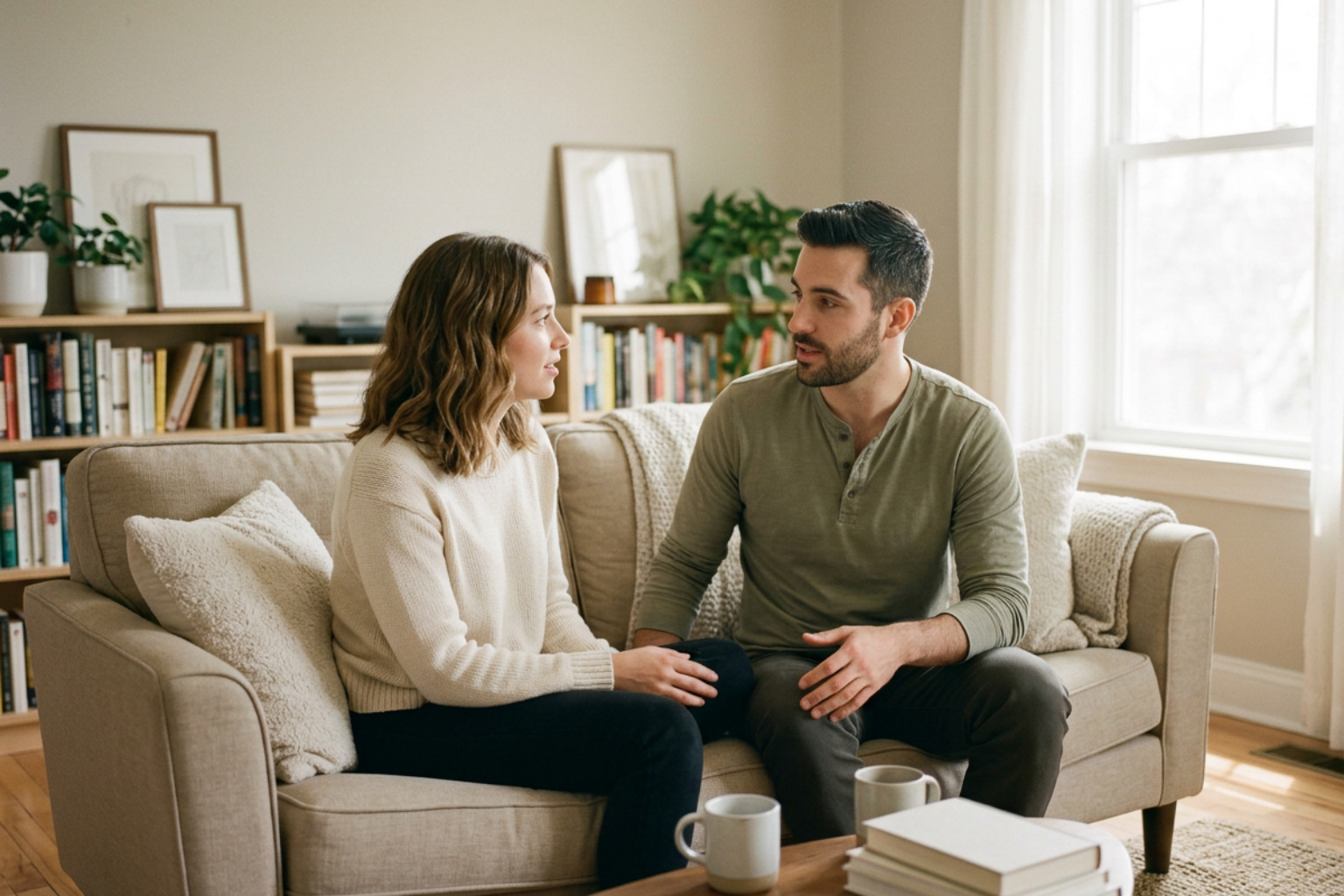 Couple having an honest conversation on a couch in warm natural light