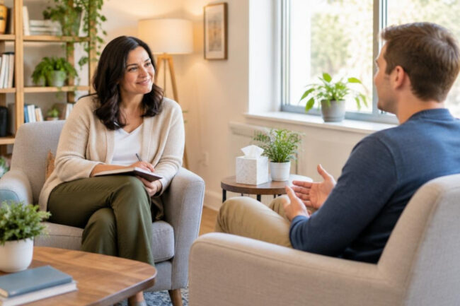 Therapist and client talking in a warm bright office
